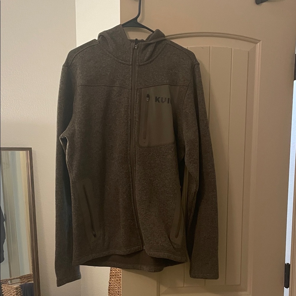 KUIU Gray and Brown Full-Zip Jacket - company logo on back